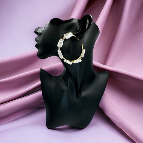 NWT Large Hoop Earrings Irregular Shaped White Pearls 14K Gold Plated Statement - Picture 2 of 10